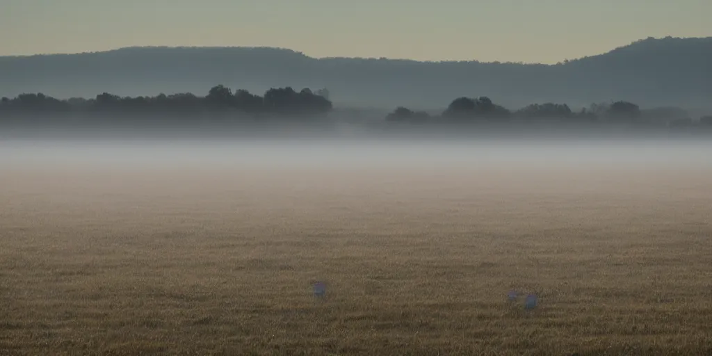 Image similar to the rising sun sent fingers of light through the pale white mists of dawn. a wide plain spread out beneath them, bare and brown, its flatness here and there relieved by long, low hummocks.