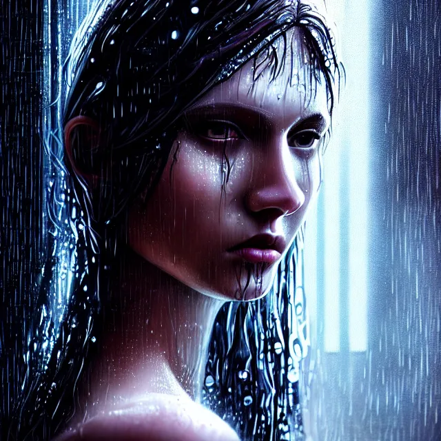 Image similar to bright portrait backlit rain on face and wet hair, cyberpunk, overhead lighting, fantasy, intricate, elegant, dramatic lighting, highly detailed, lifelike, photorealistic, digital painting, artstation, illustration, concept art, smooth, sharp focus, art by John Collier and Albert Aublet and Krenz Cushart and Artem Demura and Alphonse Mucha