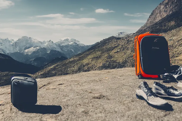 Prompt: a photo of luggage, gear shift, mountain range