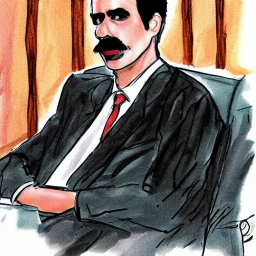 Prompt: Borat sitting in court as a judge. Digital art