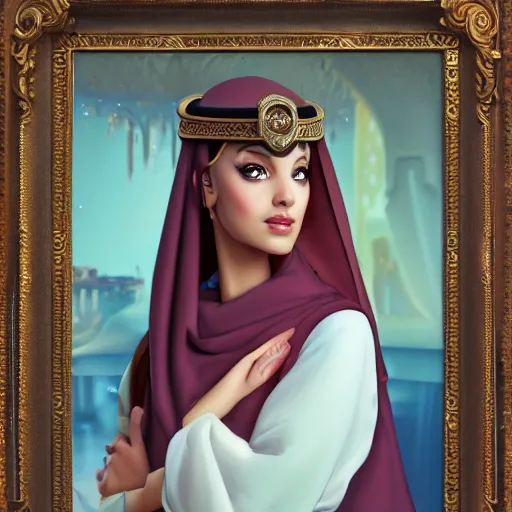 Image similar to a portrait of an arabian princess in a disney movie, oil painting, pale colors, high detail, 8 k, wide angle, trending on artstation,