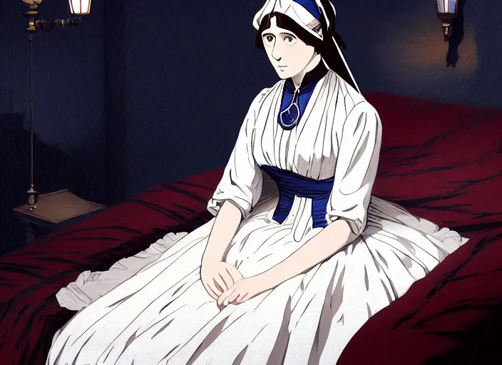 Prompt: victorian britain 1 8 3 6, 1 6 year old florence nightingale, has a vision of god telling her to become a nurse, in a luxurious english victorian bedroom, night time, lamp light, finely detailed perfect art, gapmoe yandere grimdark, trending on pixiv fanbox, painted by greg rutkowski makoto shinkai takashi takeuchi studio ghibli