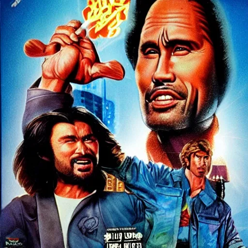 Image similar to big trouble in little china, poster, but the main actor is the rock