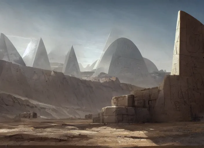 Image similar to Wide shot of Futuristic Sprawling desert megalopolis encircled by mountains and bordered by a shield wall, made of brutalist stone with a futuristic pyramid in the center, by greg rutkowski