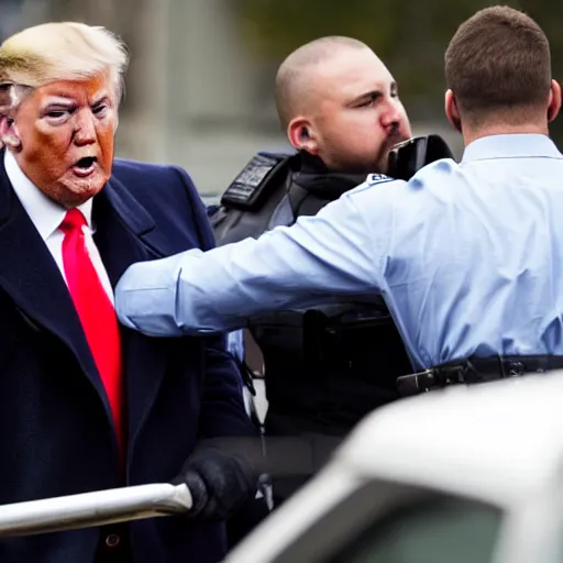 Image similar to candid ap press photo of president trump in handcuffs being arrested by fbi agents, escorting him into a police car, 3 5 mm lens, highly detailed portrait, 4 k uhd, sony camera, f / 2 2