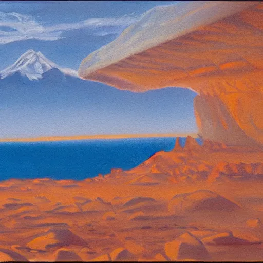 Prompt: oil painting, view from the surface of mars of mount olympus