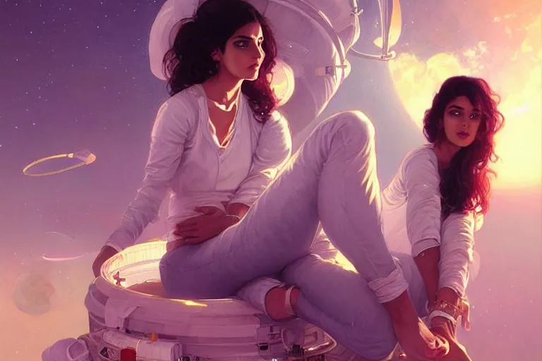 Image similar to Sensual good looking pale young Indian doctors wearing jeans in a space station above Earth, portrait, elegant, intricate, digital painting, artstation, concept art, smooth, sharp focus, illustration, art by artgerm and greg rutkowski and alphonse mucha