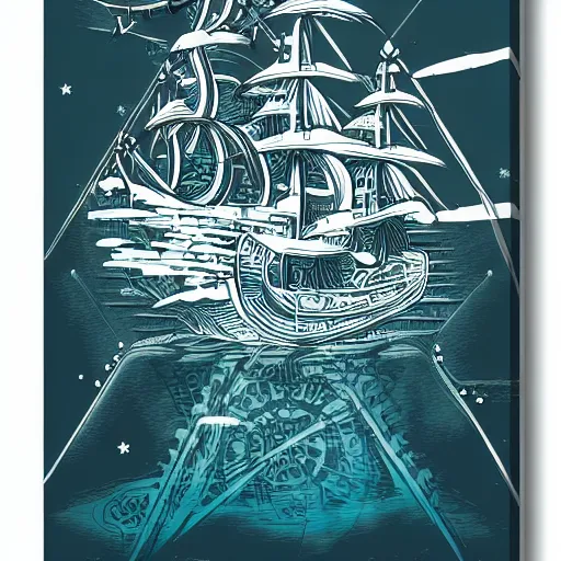 Prompt: pirate ship in space, style of hydro74, flat art, line, symmetric radial fractal