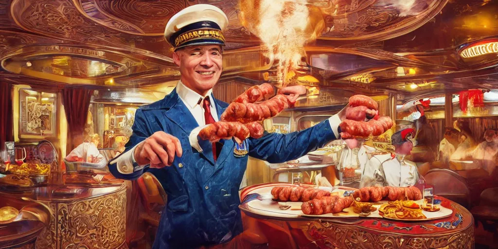 Prompt: Intricate detailed illustration, A carnival cruise ship captain with sausages for fingers, cinematic lighting, by Philip Hood, wide angle, volumetric light scattering, 8k, artstation, concept art,