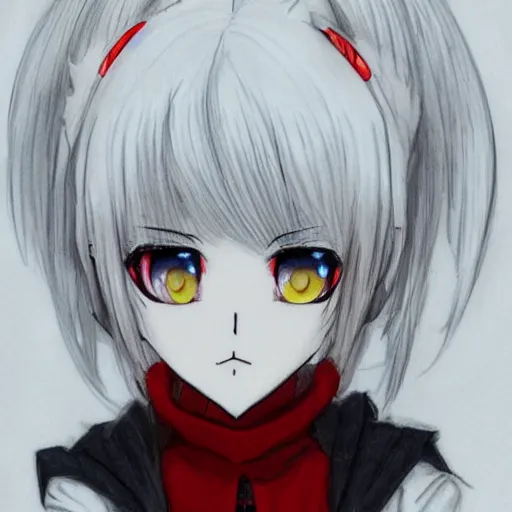 Image similar to white hair, red eyes, two small horn on the head, anime style, anime girl, sketch