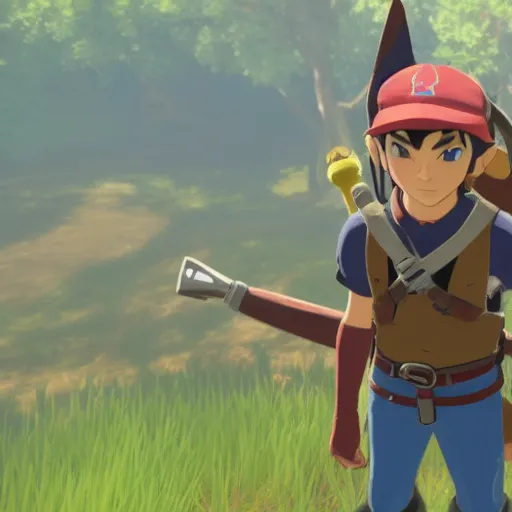 Image similar to Film still of Ash Ketchum, from The Legend of Zelda: Breath of the Wild (2017 video game)