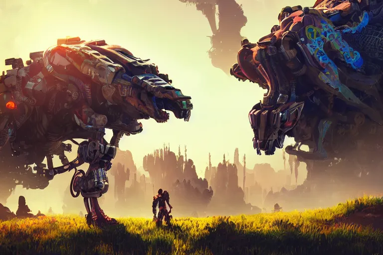 Image similar to tideripper machine mecanical creature robot of horizon forbidden west horizon zero dawn radiating a glowing aura global illumination ray tracing hdr fanart arstation by ian pesty and alena aenami artworks in 4 k