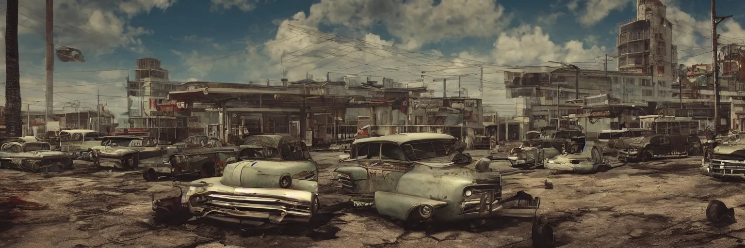 Image similar to fallout 5 : miami, outdoors ruined tropical city airport, rusted retro futuristic vintage styled parked cars, buses, trucks, atmospheric lighting, painted, intricate, volumetric lighting, summer, sunny weather, few clouds, sharp focus, deep colours, ultra detailed, by leesha hannigan, ross tran, thierry doizon, kai carpenter, ignacio fernandez rios