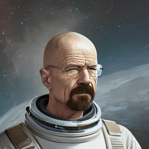 Image similar to walter white in a astronaut suit, intricate, highly detailed, digital painting, artstation, concept art, smooth, sharp focus, illustration, unreal engine 5, 8 k, art by artgerm and greg rutkowski and alphonse mucha