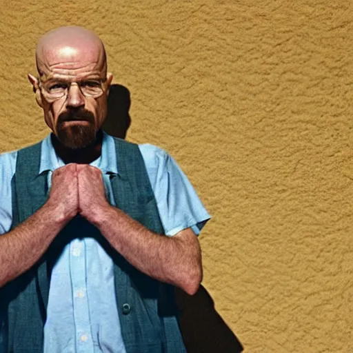Image similar to walter white in shock with his mouth opened, crying, speechless, desert background, breaking bad