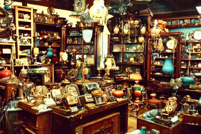 Prompt: vintage 3 5 mm color photo of the interior of a mystical antique shop with strange artifacts