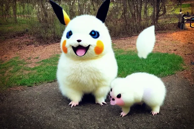 Image similar to real life pokemon, cute!!!, heroic!!!, adorable!!!, playful!!!, chubby!!! fluffly!!!, happy!!!, cheeky!!!, mischievous!!!, ultra realistic!!!, spring time, slight overcast weather, golden hour, sharp focus