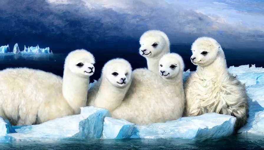 Prompt: highly detailed painting of cute furry white baby seal alpacas with big furry antlers cuddling into each other on a blue and white iceberg by william turner, by greg rutkowski, by william constable, thick brush strokes and visible paint layers, 4 k resolution