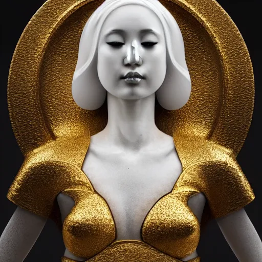 Image similar to a statue made of white marble with gold veins, of an beautiful japanese bellydancer, perfect symmetrical body, perfect symmetrical face, no eyes, hyper realistic, hyper detailed, fujicolor superia, city bokeh background, full body shot, by peter kemp, by monia merlo octane render, blender, 8 k