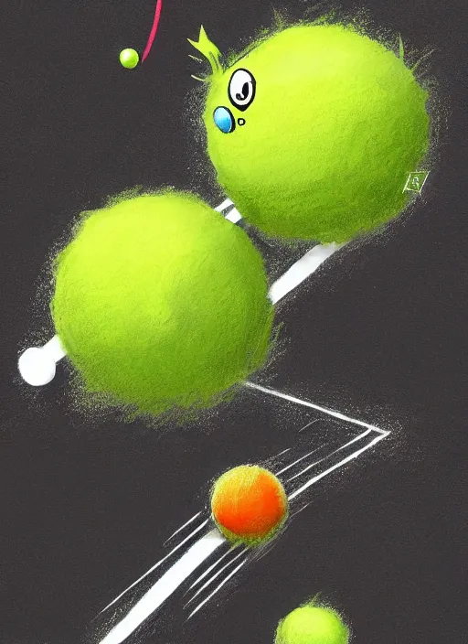 Prompt: tennis ball monsters playing tennis, a tennis ball monster ,tennis ball, Sci fi, lasers, digital art, fantasy, magic, trending on artstation, ultra detailed, professional illustration,chalk, poster artwork by Basil Gogos , clean