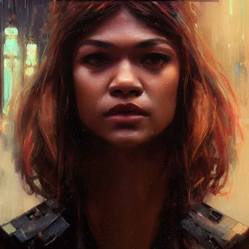 Prompt: zendaya, hyperrealistic portrait, bladerunner street, art of elysium by jeremy mann and alphonse mucha, fantasy art, photo realistic, dynamic lighting, artstation, poster, volumetric lighting, very detailed face, 4 k, award winning