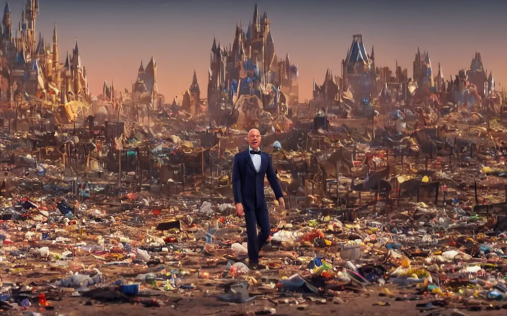 Prompt: a still from a disney animated film of jeff bezos dancing in a desolate wasteland, piles of trash scattered on the ground, city burning far in the background, 4 k