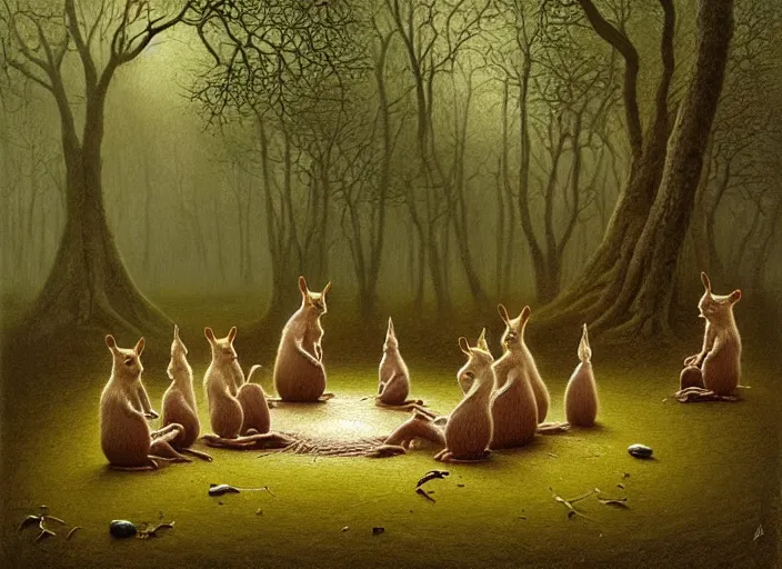Image similar to photo, squirrels sitting around a gory circle, woodland location, stefan kostic and david cronenberg, realistic, sharp focus, 8 k high definition, intricate, chiaroscuro, elegant, perfect faces, symmetrical face, extremely detailed, hypnotic eyes, realistic, fantasy art, masterpiece zdzislaw beksinski, national geographic, artgerm