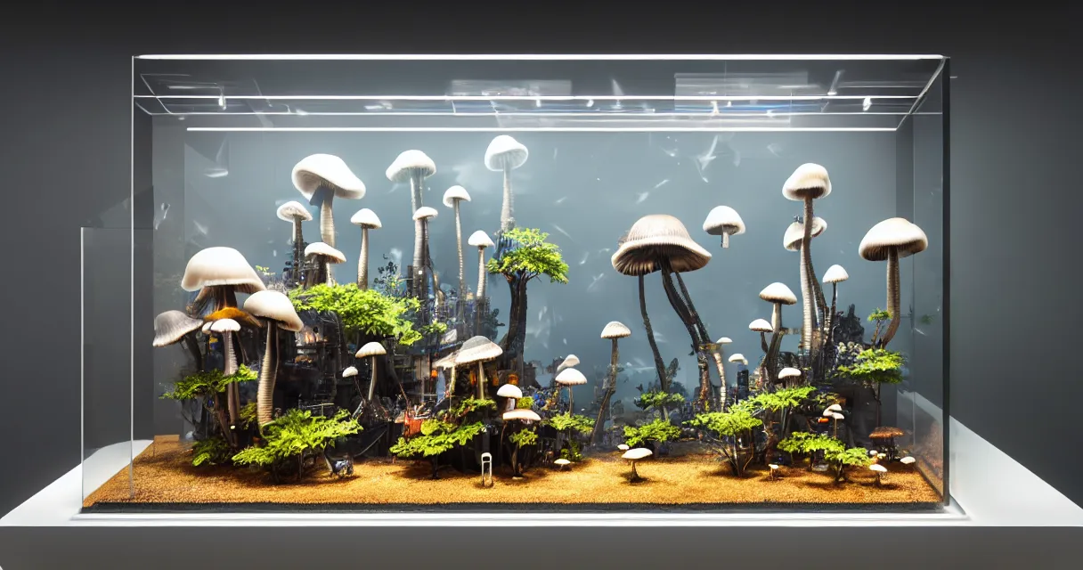 Prompt: futuristic exhibition full of small glass cases with mini diorama exhibits with explosion mushrooms encased in epoxy resin, curious people observing the details, very high details, volumetric fog, raytracing, back light, raymarching, by ilm, by digital domain, by weta digital