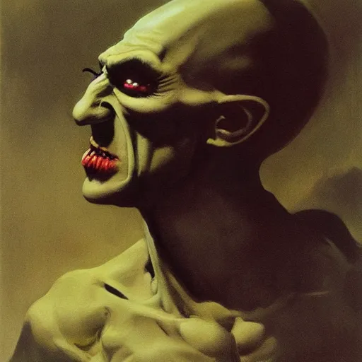 Image similar to ultra realistic portrait painting of nosferatu, art by frank frazetta, 4 k, ultra realistic, highly detailed, epic lighting