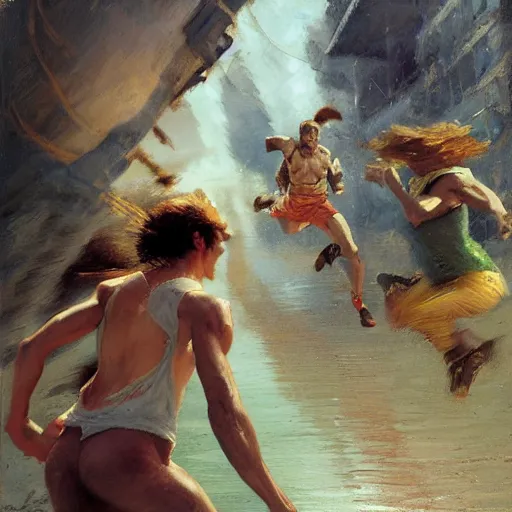 Prompt: cinematic painting of qwop!!!!!!!!!!!!!!!!! running down the track by gaston bussiere, craig mullins, j. c. leyendecker, kinetic, motion, athletic, running