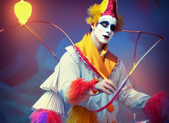 Prompt: award winning digital art of a attractive male pierrot wearing a traditional pierrot ’ s outfit, performing at a magnificent carnival with lots of colors, beautiful circus themed background, trending artstation, digital art, aesthetic, bloom, intricate, elegant, sharp focus, digital illustration, highly detailed, octane render, digital painting, concept art, witchlight carnival, masterpiece