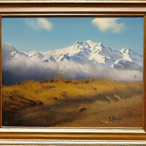 Prompt: clean grassland, snow - capped mountains in the distance, clouds in the sky, tanguy, yves