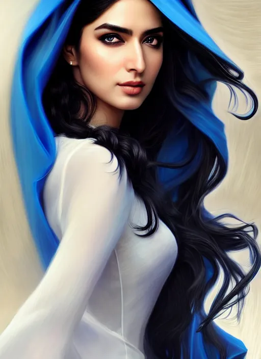 Image similar to ameera al taweel, bright blue eyes, long wavy black hair, white veil, in the style of stefan kostic, realistic, sharp focus, 8k high definition, insanely detailed, intricate, elegant, art by stanley lau and artgerm