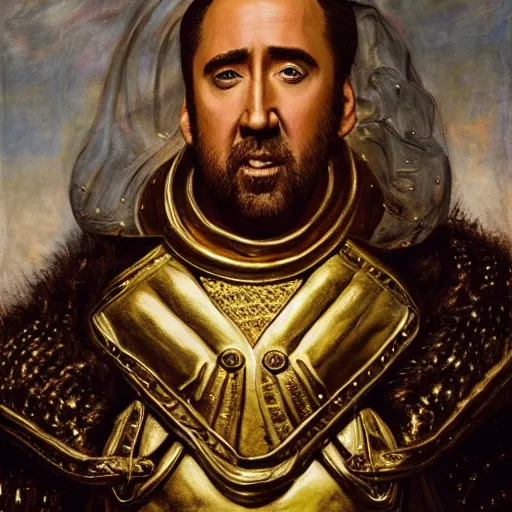 Prompt: Nicolas Cage in a gold armor, religious masterpiece portrait, oil on canvas, occult night, in the world of Andrew Wyeth and Dark Souls, artstation, by J. C. Leyendecker and Peter Paul Rubens,