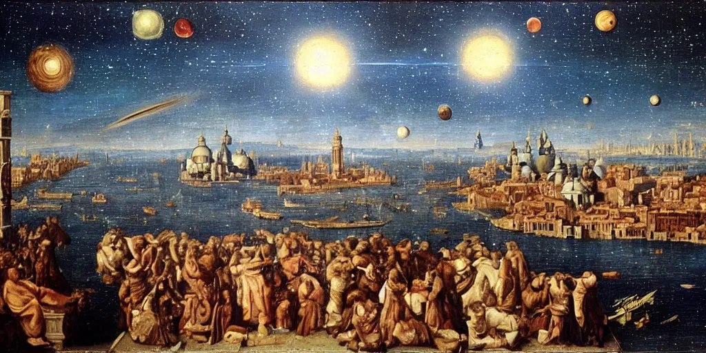 Image similar to scene from cosmologica a scifi movie by luchino visconti with mastroianni leaving the medieval cosmos to enter new universe. venice in the background. blue sky with a lot of stars and planets in the style of ( ( ( renaissance cosmological painting ) ) ). cinematic, technicolor, photorealistic, direct lighting, highly intricate, extremely realistic.