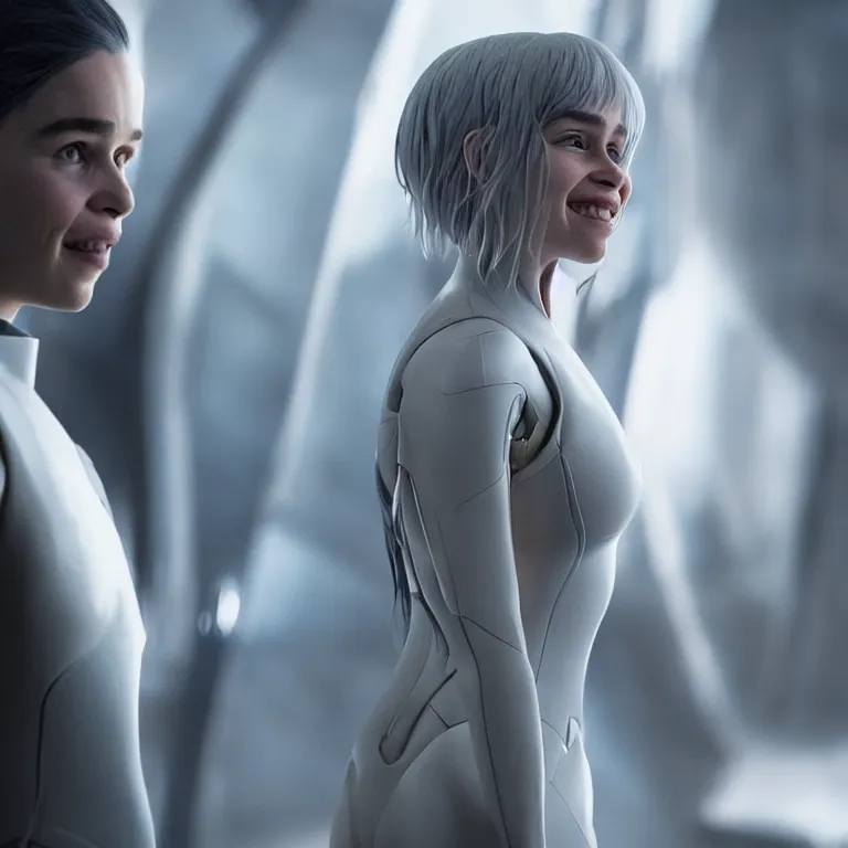 Image similar to scifi smiling emilia clarke looks like ghost in the shell, extremely high detail, photorealism, sony a 7 r