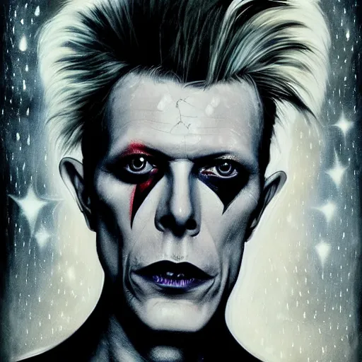 Image similar to stunning portrait of gaunt david bowie a ( the cure fan ) as dream from sandman, dim stars as eyes, by jeremy mann, by cedric peyravernay, by by russ mills, by richard avedon and ben templesmith, dramatic lightning, sadness, dark eye sockets, in the shadows, punk rock, gothic, high detailed, 8 k