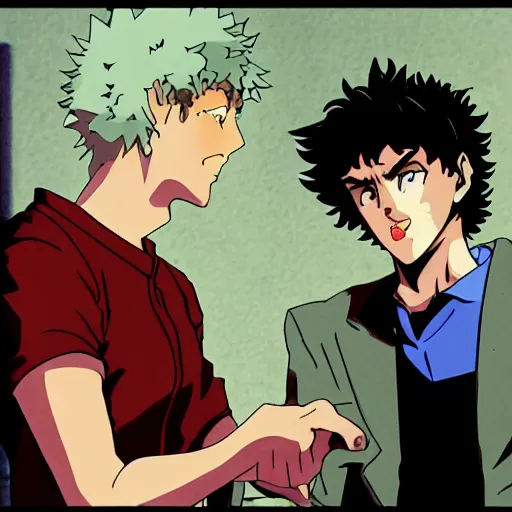 Prompt: spike spiegel contemplatively looking at a human skull in his outstretched left hand like Hamlet, cowboy bebop,