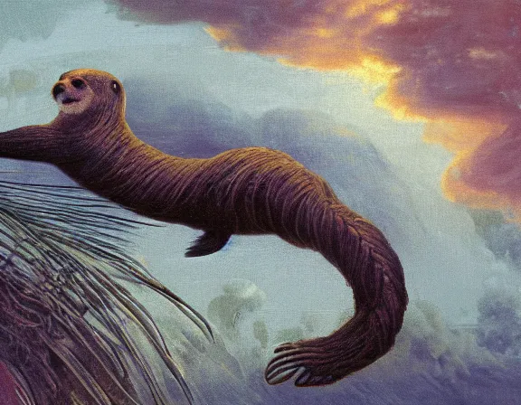 Prompt: humanoid otter with plaited hair plaited otter, palm frond background, is a warrior long hair and beard is giant sea otter. wide detailed digital oil illustration for mtg. dnd fantasy epic illustration by john constable, smooth, chrome, lofi, nebula, calming, dramatic, fantasy, by moebius, by zdzisław beksinski, epic composition