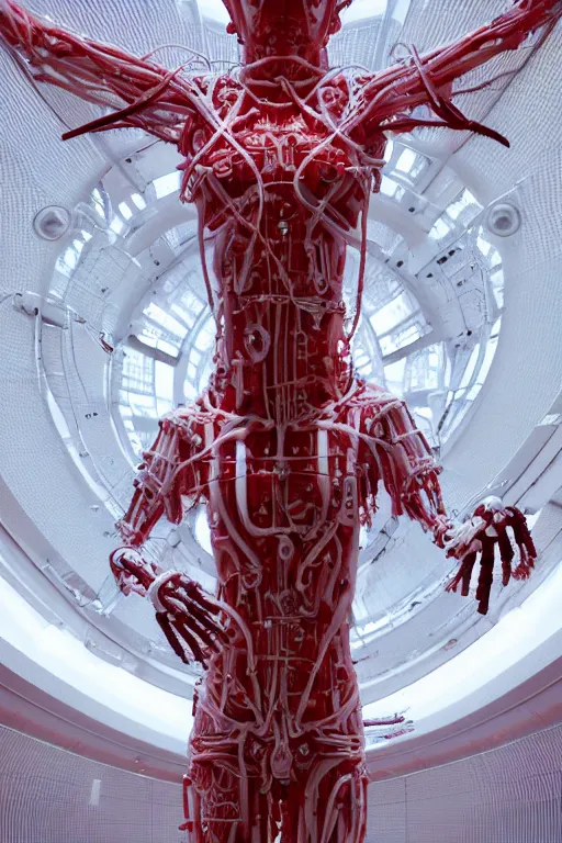 Prompt: white space station interior, cross, a statue jesus on cross made of red marble, perfect symmetrical body, full body shot, inflateble shapes, wires, tubes, veins, jellyfish, white biomechanical details, wearing epic bionic cyborg implants, masterpiece, intricate, biopunk, vogue, highly detailed, artstation, concept art, cyberpunk, octane render