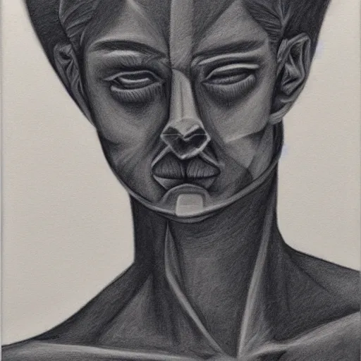 Image similar to charcoal portrait of androgynous human with a strange face. precisionism, charcoal drawing, surrealist, genderless