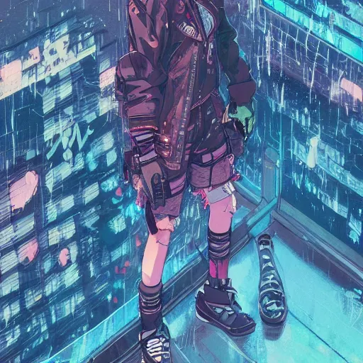 Prompt: high - angle, combat pose of a grungy cyberpunk anime, very cute, by super ss, cyberpunk fashion, curly pink hair, night sky by wlop, james jean, victo ngai, muted colors, highly detailed