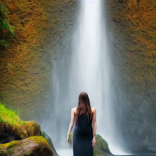 Image similar to a beautiful young woman, standing in a waterfall, hyper realistic, 8k, cinematic lighting, perfect symmetry, DSLR,