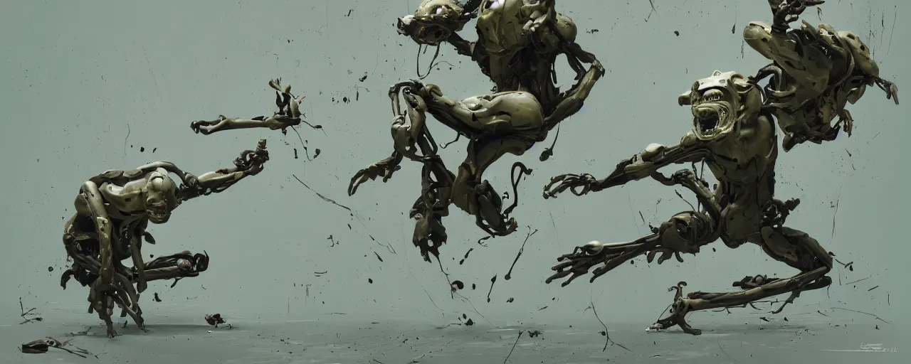 Prompt: duotone olive green grey illustration 3 / 4 portrait of gollum doing kunfu air kicks and fighting with boston dynamics robots. dynamic chaotic composition accidental renaissance golden ratio. by sachin teng and sergey kolesov and ruan jia and heng z. graffiti art, scifi, fantasy, hyper detailed. octane render. concept art. trending on artstation