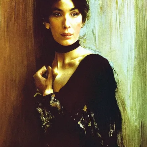 Prompt: a stunning masterful portrait of a confident arab woman with perfect hair by andrew wyeth, john singer sargent, and norman rockwell, natural light, oil painting, ethereal, wong kar wai, strong brushwork