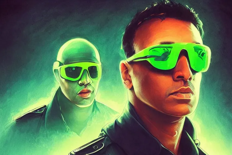 Image similar to Beautiful portrait of a glowing translucent body glowing male police officer wearing cool shades. Green fluorescent aura around officer, wide angle, magic, fire, darkness, dramatic lighting, Africa, intricate, wild, highly detailed, digital painting, artstation, concept art, smooth, sharp focus, illustration, art by artgerm and greg rutkowski and alphonse mucha, footage from space camera