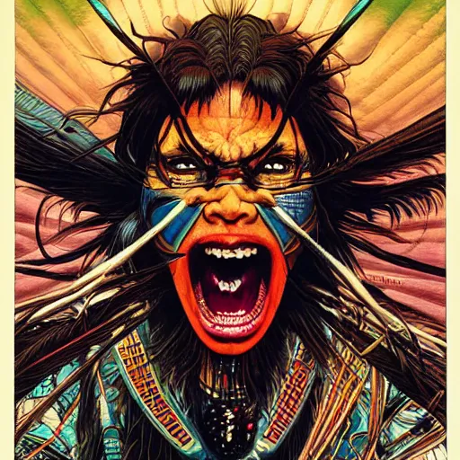 Image similar to portrait of crazy screaming native american, symmetrical, cinematic colors, by yoichi hatakenaka, masamune shirow, josan gonzales and dan mumford, ayami kojima, takato yamamoto, barclay shaw, karol bak, yukito kishiro