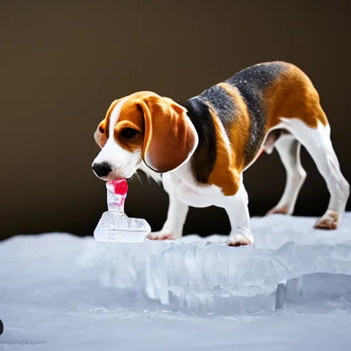 Image similar to a beagle made of ice eating a carrot made of ice. Photography. Highly detailed. 8K