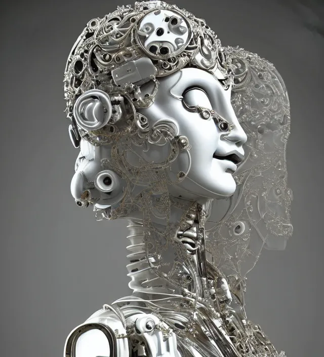 Image similar to beautiful cybernetic baroque robot, beautiful baroque porcelain face + body is clear plastic, inside organic robotic tubes and parts, silver ganesha, symmetric, front facing, wearing translucent baroque rain - jacket + symmetrical composition + intricate details, hyperrealism, wet, reflections + by alfonse mucha and moebius, no blur dof bokeh