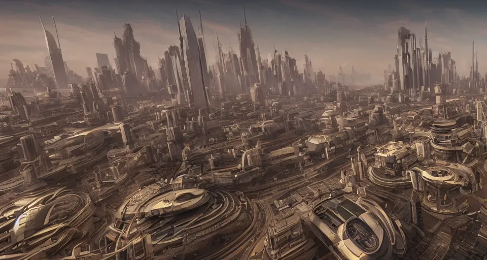 Image similar to view on futuristic city in the horizon, in style of dieselpunk, detailed, sharp, 8 k